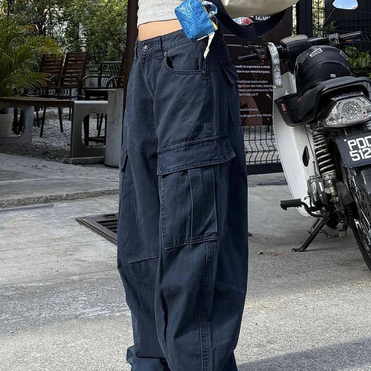 大码美式复古大口袋工装牛仔裤男女水洗宽松高街廓形阔腿弯刀长裤