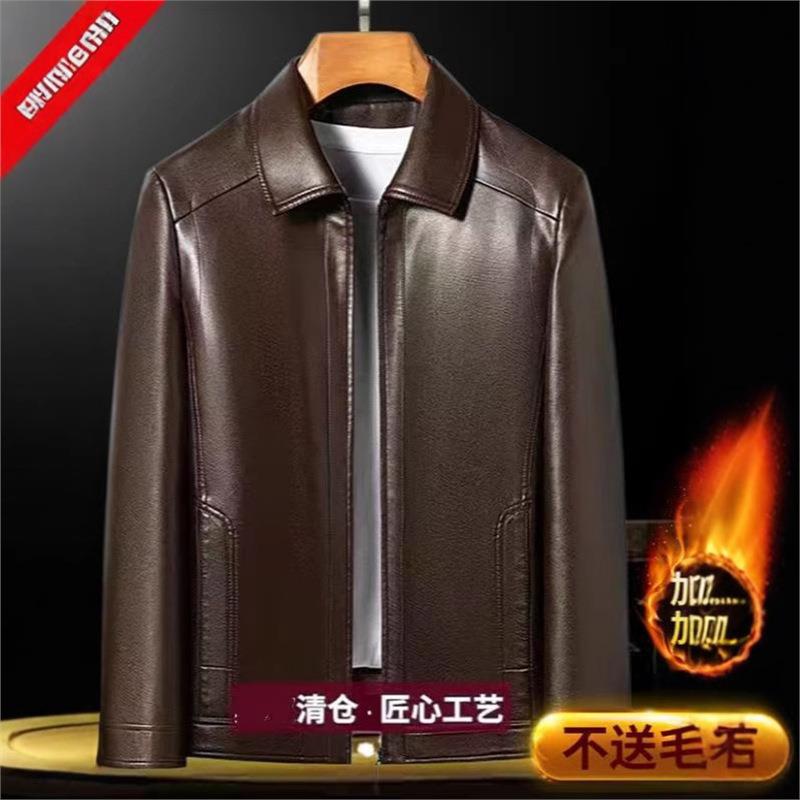 海宁皮衣春秋薄款男翻领绵羊皮男装夹克加绒男装纯皮外套爸爸装