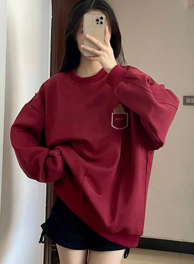 速发v加tage美式酒红色大码卫衣秋冬情侣款加绒厚i宽松上衣