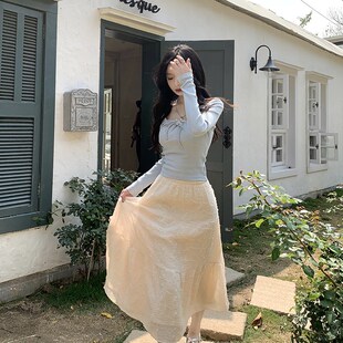 速发ww维维家大码方领抽绳针织上衣+a半法式蛋糕裙高字腰身裙