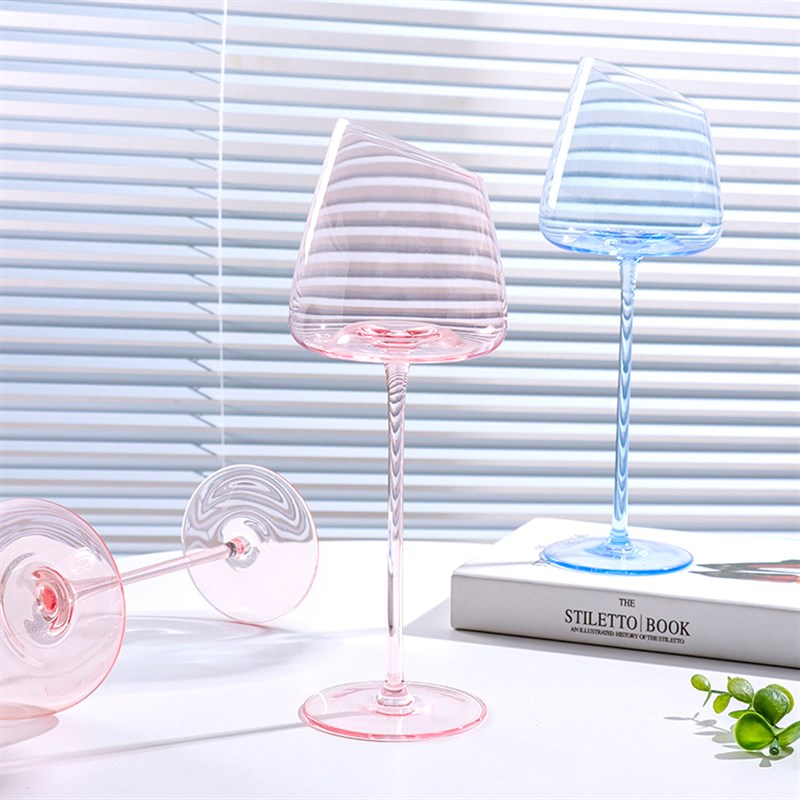 速发轻奢斜口高脚杯冰蓝水晶玻璃克莱因蓝葡萄酒杯餐厅情侣酒具