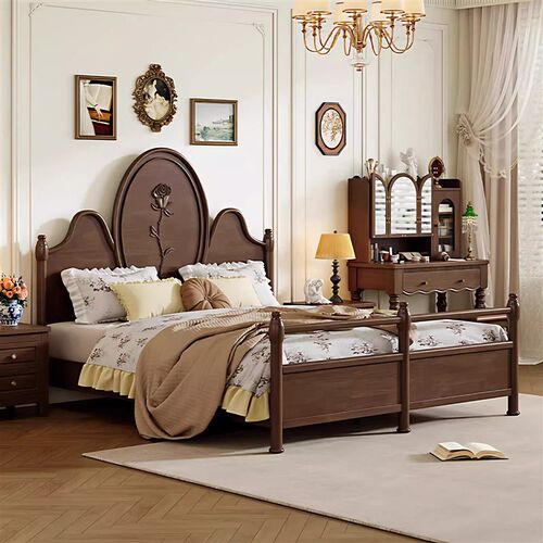 速发法式风实木床现代简约高级主卧室大床美式雕花1.8m米双人床架