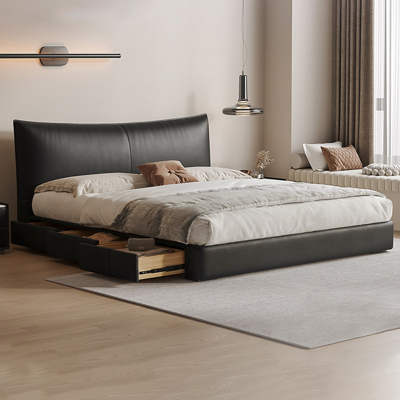 意式极简真皮床现代简约主卧双人床高端大气储物床软包黑色皮艺床