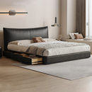 意式 极简真皮床现代简约主卧双人床高端大气储物床软包黑色皮艺床