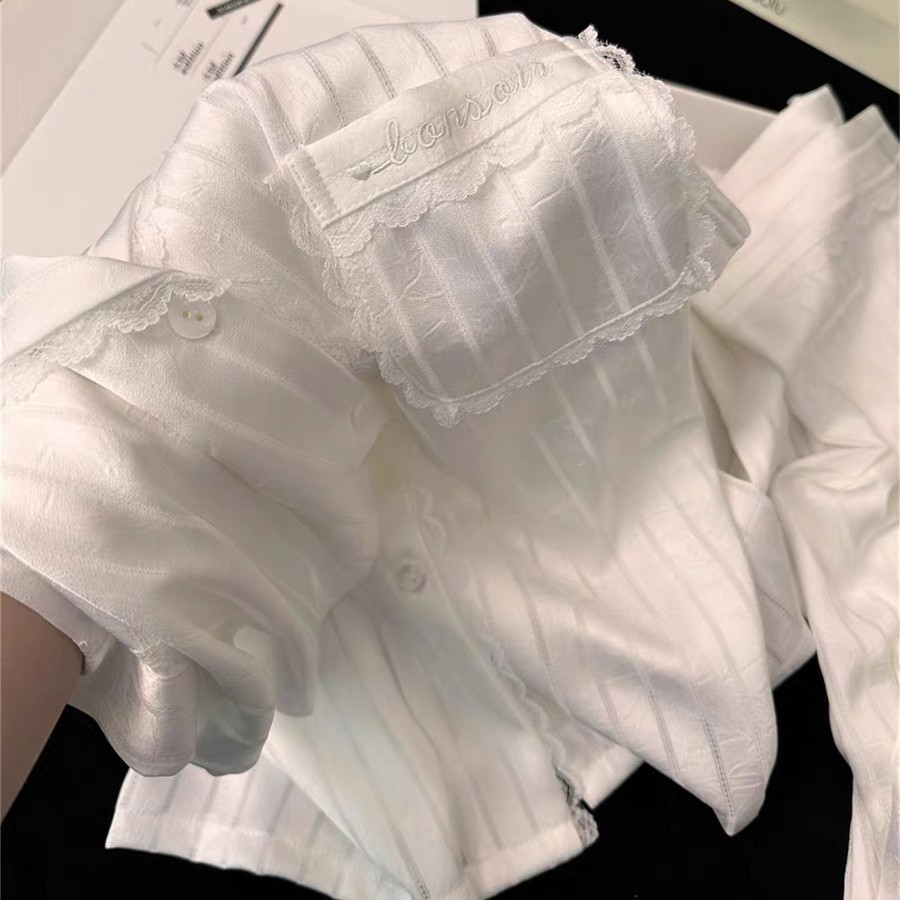 日本品质【蕾丝肌理】镂空条纹仿醋酸高级感睡衣女甜美蕾丝花边冰