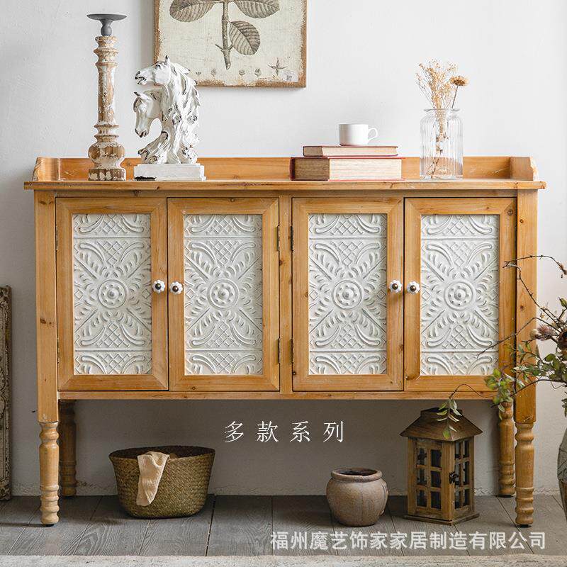 美式乡村做旧雕花客厅餐边复古玄关柜民宿酒店卧室装饰收纳储物柜