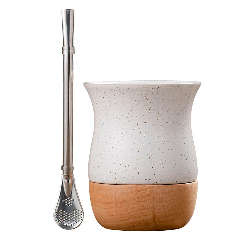 陶瓷马黛茶杯子木头底座家用厨房不锈钢吸管勺个人杯