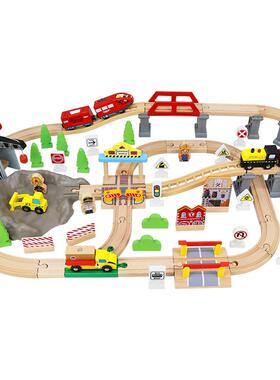 100P榉木轨道小火车拼装男孩玩具木制火车轨道车玩具E21A14