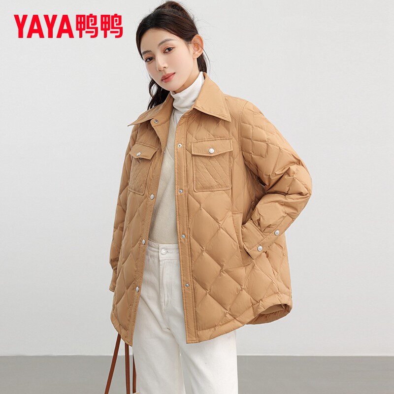 鸭鸭翻领中长款轻薄羽绒服女冬季2026新款韩版时尚春秋衬衫式外套