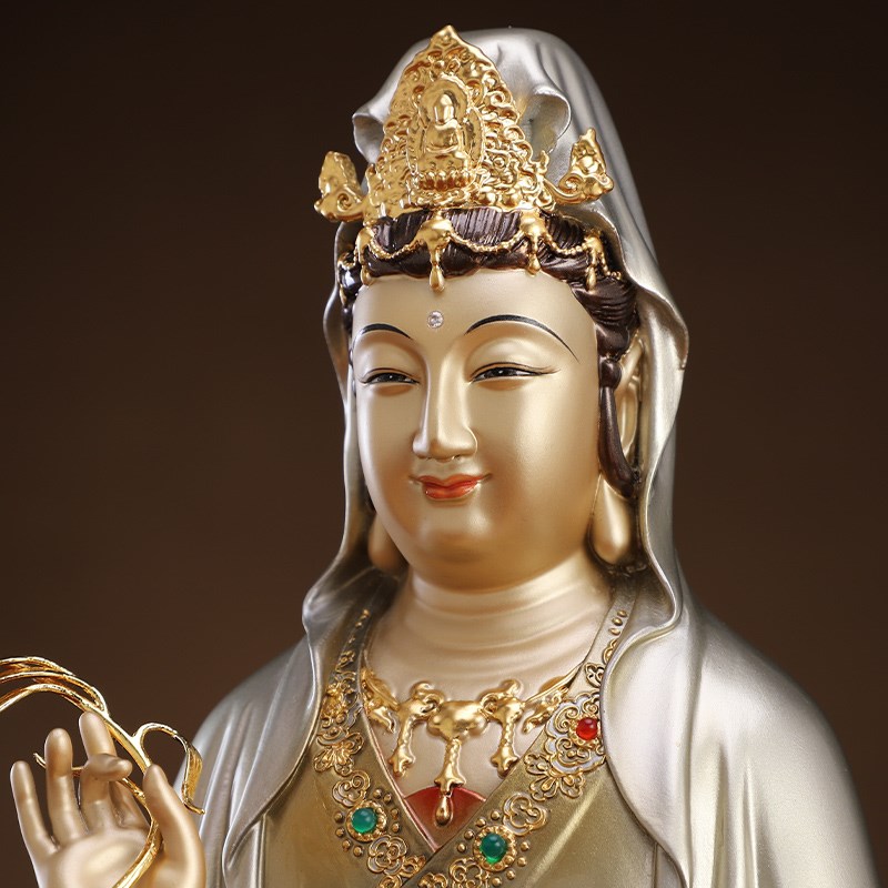 现货速发铜雕彩绘南海笑脸观音佛像铜像纯铜菩萨神像家用供佛娑婆