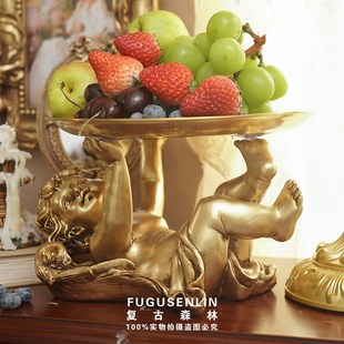 快速发货复古森i林欧式 复古首饰展示水果托盘 金色天使铜托盘法式