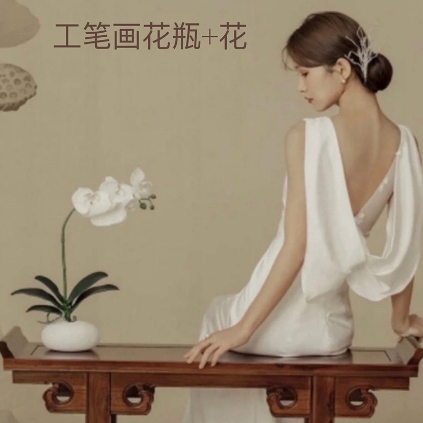 现货速发古装工笔画摄影桌上摆件 蝴蝶兰花瓶套装 花器 婚纱 陶瓷