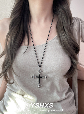 黑色串珠十字架项链女小众设计