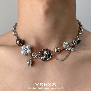 复古重工金属花朵拼接项链女小众设计感锁骨链y2k颈链亚比配饰