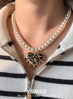 豹纹爱心吊坠个性时尚珍珠项链