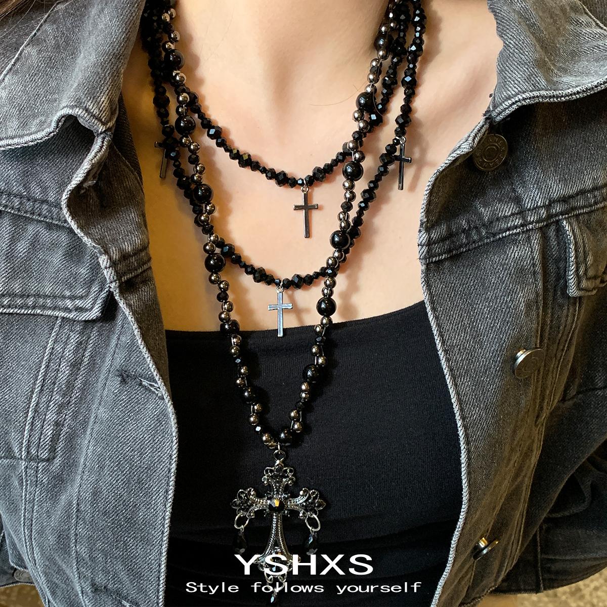 多层叠戴哥特风黑色串珠项链