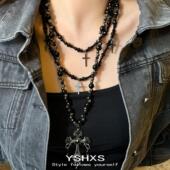 多层叠戴哥特风十字项链黑色串珠小众设计感亚比配饰女高级感配饰