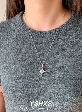 银色十字锆石小众甜酷钛钢项链