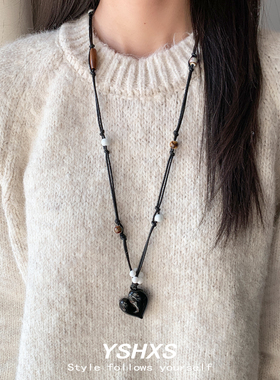 爱心吊坠抽拉式项链女黑色编织绳