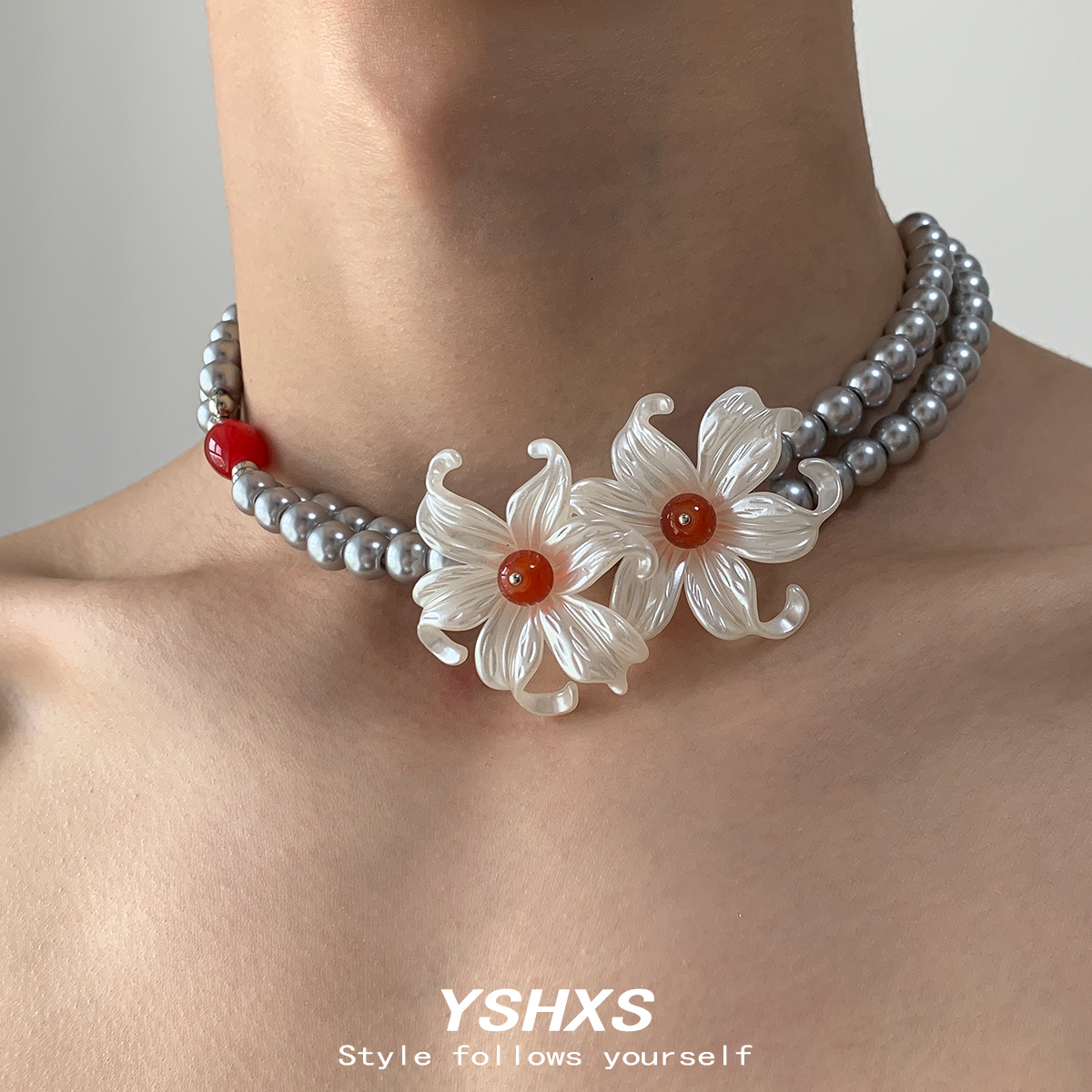 法式优雅白色百合花双层项链