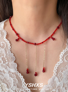 红色水晶串珠项链女轻奢流苏吊坠