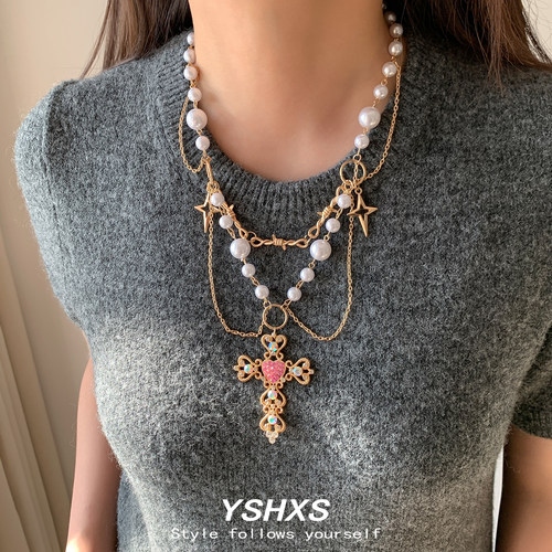 金色珍珠十字架多层叠戴项链女