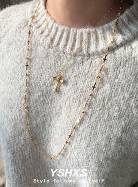 Y2K金色十字架双层长款毛衣链
