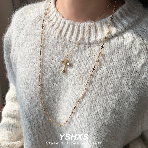 Y2K金色十字架双层长款毛衣链