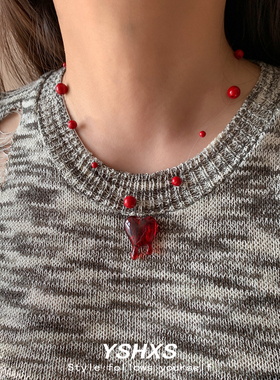 红色爱心圆珠设计感锁骨链女款