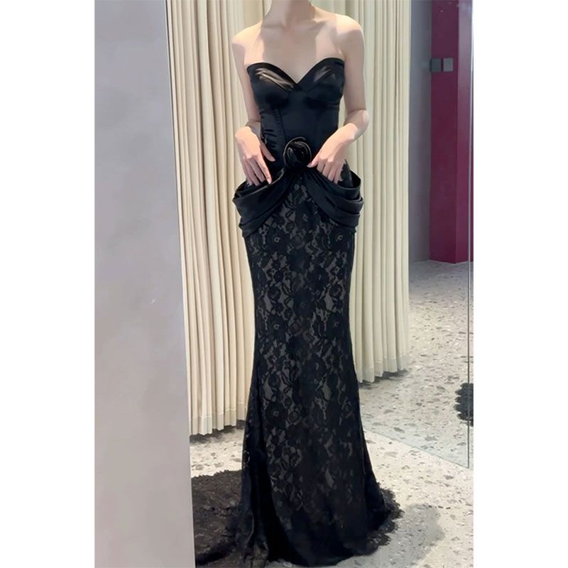 黑色抹胸晚礼服裙女新款高端轻奢小众气质名媛高级感鱼尾减龄长款