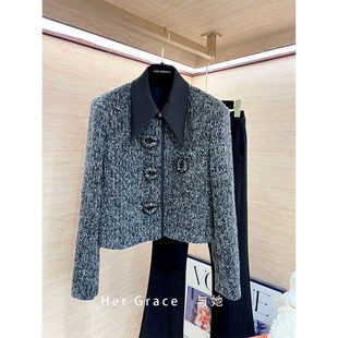 设计师款绵羊毛白鹅绒小香风外套翻领加厚短款深圳南油高端女装冬