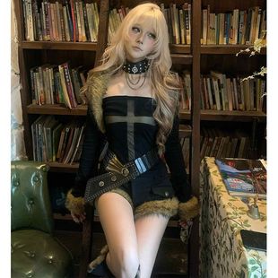 辣妹毛毛拼接设计收腰抹胸女装 新款 秋冬复古气质双排扣裹胸小上衣