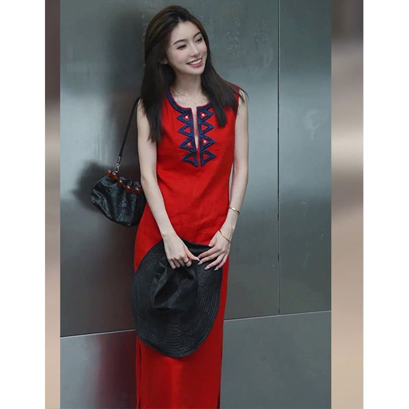 民族风红色无袖连衣裙女2