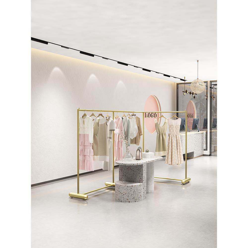 金色服装店中岛展示架落地式转角l型挂衣架女装店货架简约陈列架