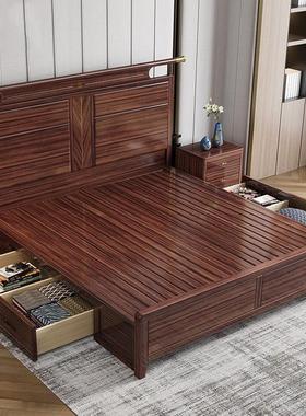 新中式乌金木1.5M现代简约婚床民宿卧室家具储物双人实木床1.8米