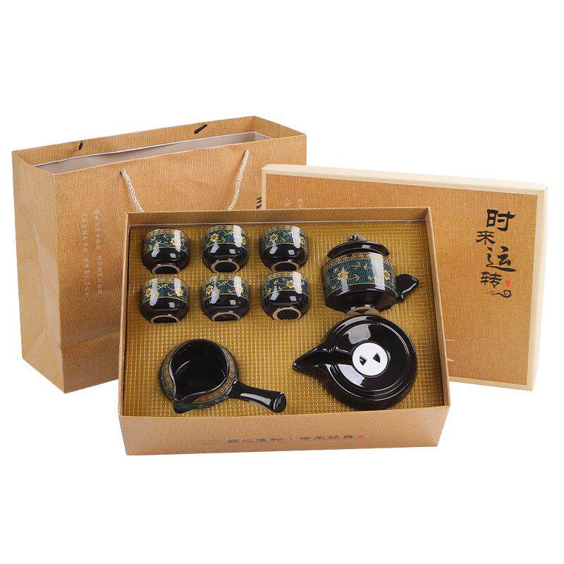 时来运转满花懒人半全自动茶具套装加印logo德化陶瓷茶具