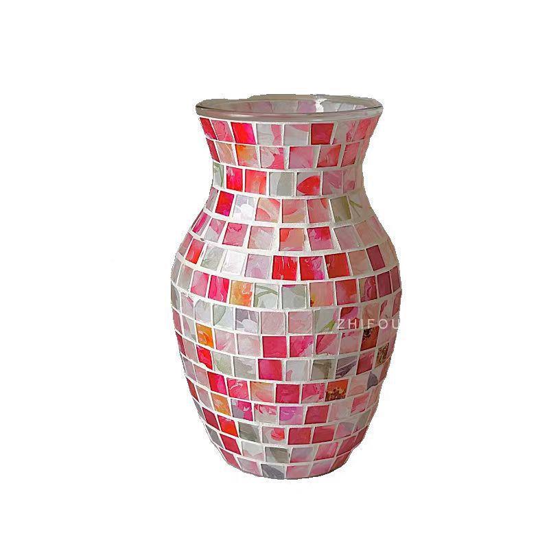 北欧风马赛克多轻奢家ali-7892居装饰品水花插养花器玻彩璃粉花瓶