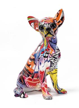创意炫彩小狗可爱摆件水转印吉娃娃斗牛犬家居客厅玄关酒柜装饰品
