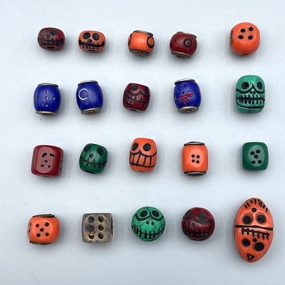 藏传料器散珠藏式文玩佛珠隔珠腰珠手工雕刻阿呆骰子黄铜镶嵌孔道