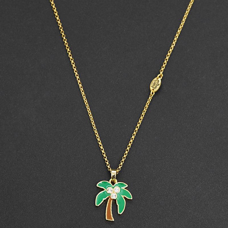 小众甜美时尚设计感气质珐琅釉镶钻绿色椰子树吊坠锁骨项链女