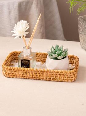 家用藤编托盘餐桌茶杯水杯收纳茶盘客厅长方形糕点盘零食果盘