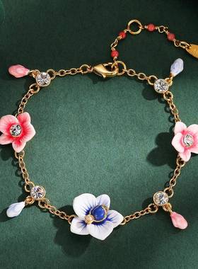 原创时尚珐琅釉镶钻水晶宝石珍珠兰花多坠流苏手链彩色花朵手饰品