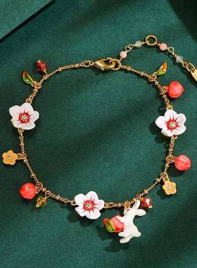原创设计时尚气质珐琅釉小兔子白色花朵粉色水蜜桃子流苏多坠手链