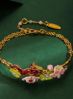 跨境原创饰品时尚气质珐琅釉荷花荷叶本命年红色龙手镯手链饰品