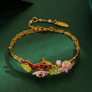 跨境原创饰品时尚气质珐琅釉荷花荷叶本命年红色龙手镯手链饰品