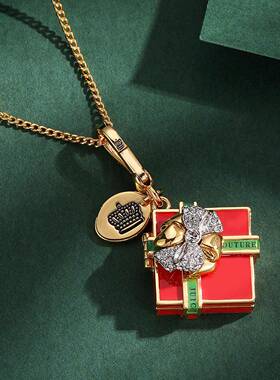 跨境时尚珐琅釉蝴蝶结红色方形圣诞礼物盒子可打开吊坠项链挂饰女