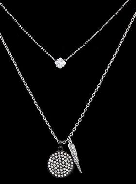 欧美复古时尚气质镶钻黑色圆牌闪电水晶单锆双层长款项链一款多戴