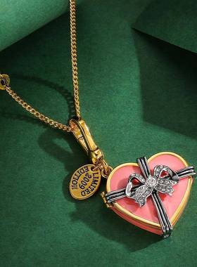 高级感立体时尚珐琅彩釉多色宝石粉色爱心蝴蝶结礼物盒吊坠项链女