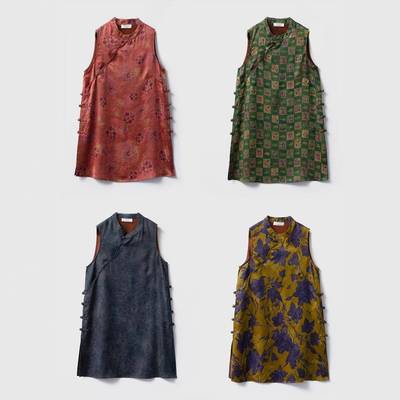 高定 100%桑蚕丝香云纱花萝奥黛中长款上衣女国风盘扣真丝无袖恤