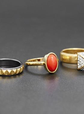 宫廷复古风大气时尚镶钻方形铆钉椭圆形宝石三件套闭口戒指指环女